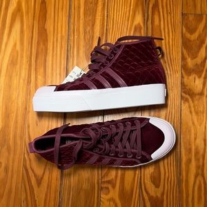 adidas Originals Maroon Velvet High Top Sneakers with White Sole
